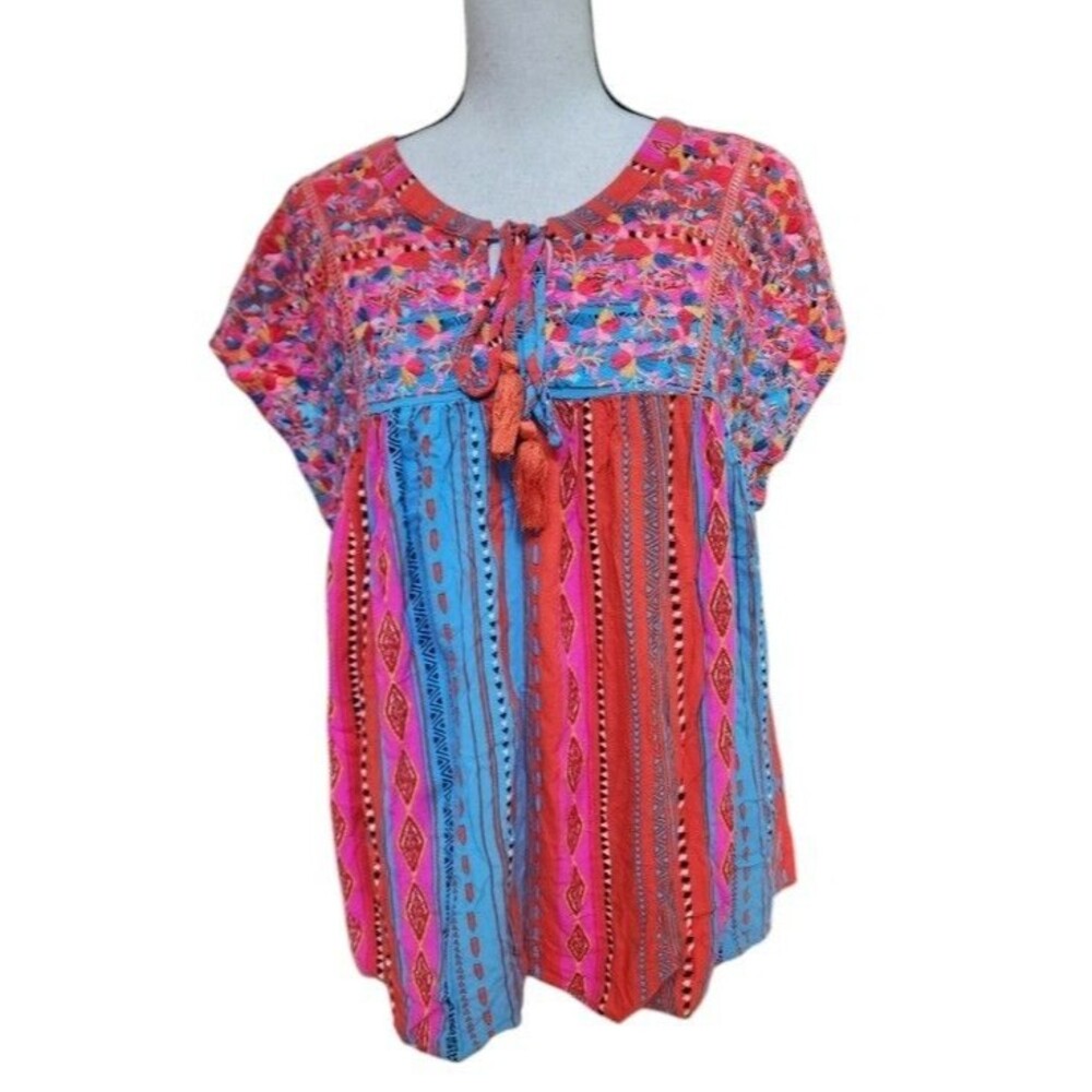 Savanna Jane Size Large Embroidered Babydoll Tassel Tie Top Boho Colorful